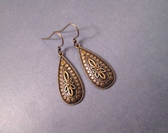 Brass Teardrop Earrings, Etched Bronze, Dangle Earrings, FREE Shipping