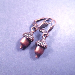 Acorn Earrings, Rustic Woodland Style, Lever Back Ear Wires, Copper Dangle Earrings, FREE Shipping