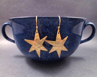 Star Earrings, Hammered Raw Brass Earrings, Gold Dangle Earrings, FREE Shipping