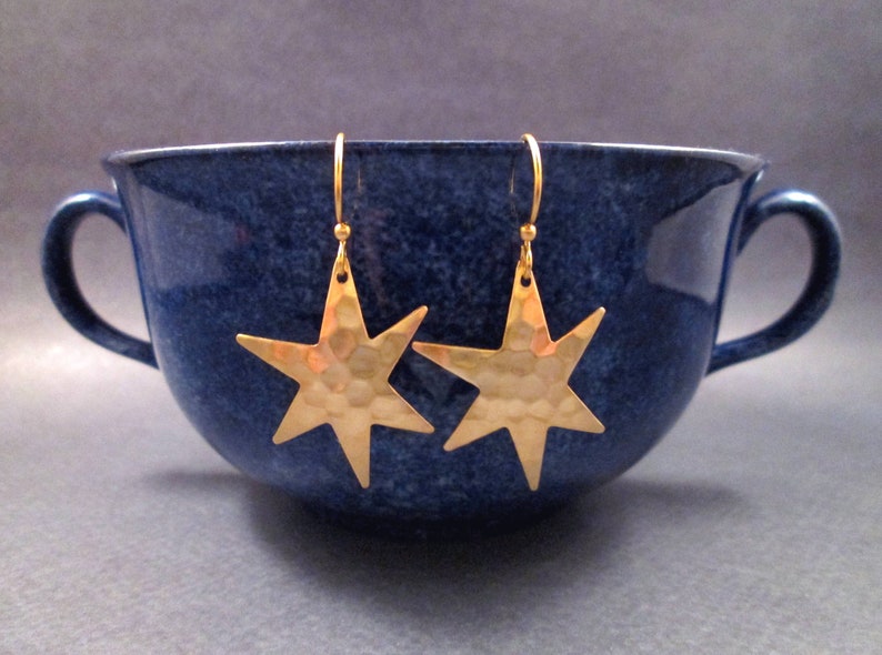 Star Earrings, Hammered Raw Brass Earrings, Gold Dangle Earrings, FREE Shipping image 1