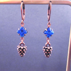 Pine Cone Earrings, Pinecone Charms and Indigo Blue Glass Rhinestones, Copper Dangle Earrings, FREE Shipping