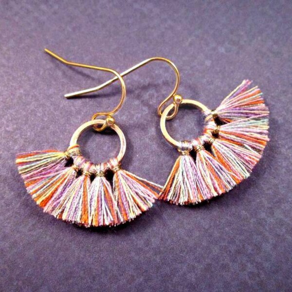 Smaller Size Cotton Tassel Earrings, Pastel Rainbow Color Mix, Fan Fringe Earrings, Gold Dangle Earrings, FREE Shipping