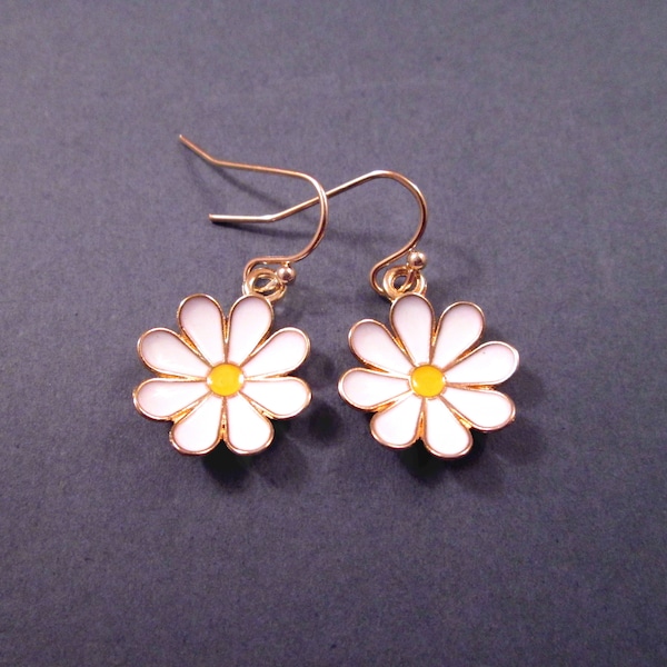 Daisy Earrings, White and Yellow Enamel Lacquer, Gold Dangle Earrings, FREE Shipping