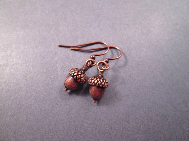 Acorn Earrings, Rustic Woodland Style, Hook Ear Wires, Copper Dangle Earrings, FREE Shipping image 3