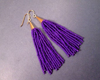 Tassel Earrings, Plum Purple Glass Seed Beaded Earrings, Gold Dangle Earrings, FREE Shipping