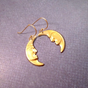 Crescent Moon Earrings, Man in the Moon, Raw Brass and Gold Dangle Earrings, FREE Shipping image 3