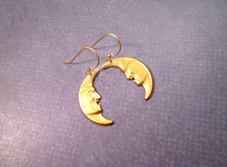 Crescent Moon Earrings, Man in the Moon, Raw Brass and Gold Dangle Earrings, FREE Shipping image 3