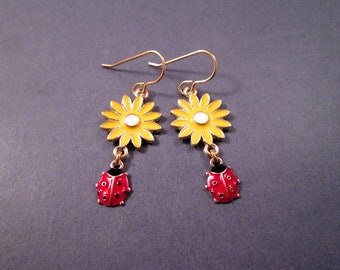 Ladybug and Daisy Earrings, Red Black White and Yellow Enamel Lacquer, Gold Dangle Earrings, FREE Shipping