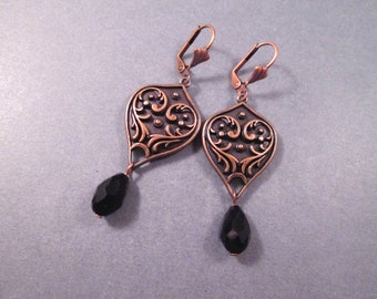 Victorian Style Earrings, Black Glass Drop Earrings, Copper Dangle Earrings, FREE Shipping