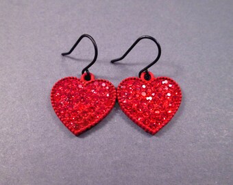 Pave Heart Earrings, Red Glass Crystals, Gunmetal Silver Dangle Earrings, FREE Shipping