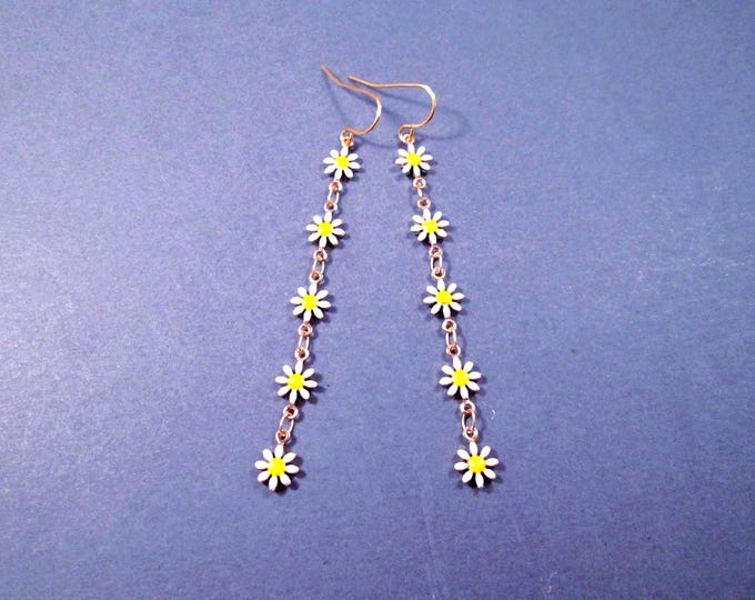 Daisy Chain Earrings, White and Yellow Enamel Flowers, Long Gold Dangle Earrings, FREE Shipping
