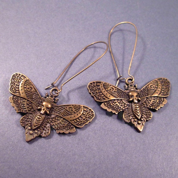 Moth Earrings, Antiqued Bronze Deaths Head Moth, Long Brass Dangle Earrings, FREE Shipping