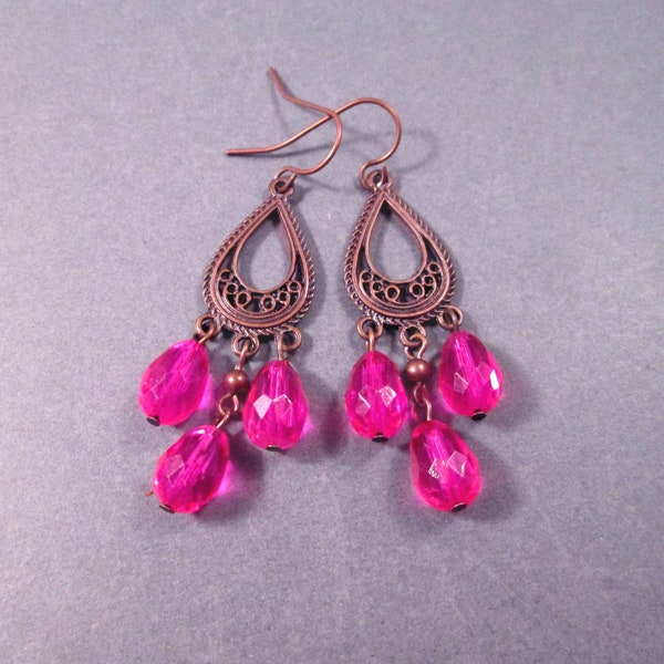 Chandelier Earrings, Fuchsia Pink Glass Drops, Copper Dangle Earrings, FREE Shipping