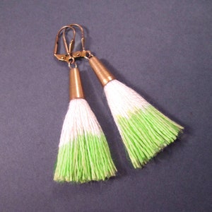 Cotton Tassel Earrings, Lime Green Dipped White Tassels, Raw Brass Dangle Earrings, FREE Shipping image 2