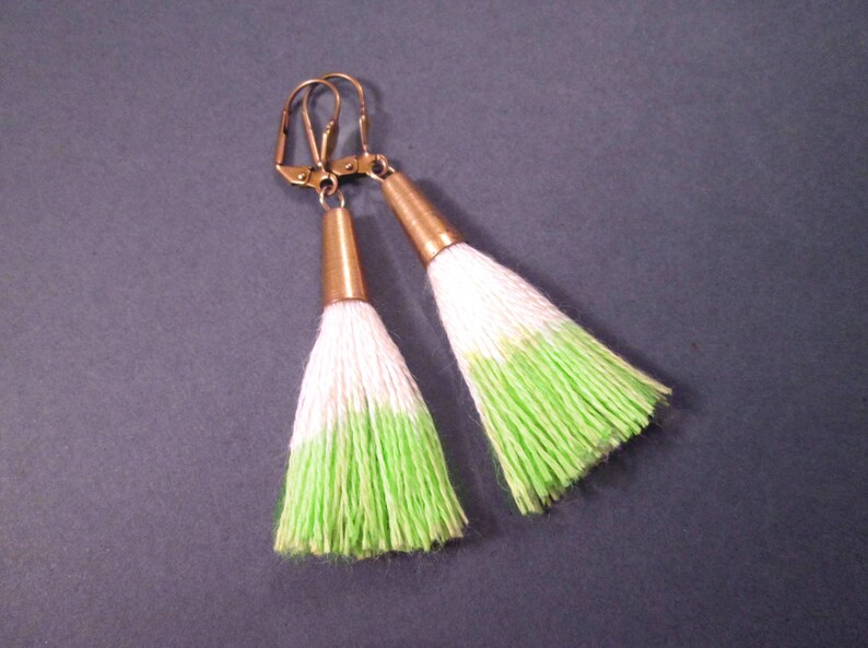 Cotton Tassel Earrings, Lime Green Dipped White Tassels, Raw Brass Dangle Earrings, FREE Shipping image 2