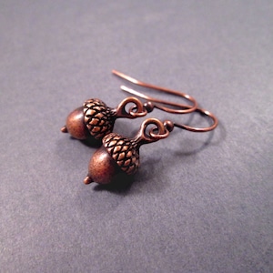 Acorn Earrings, Rustic Woodland Style, Hook Ear Wires, Copper Dangle Earrings, FREE Shipping