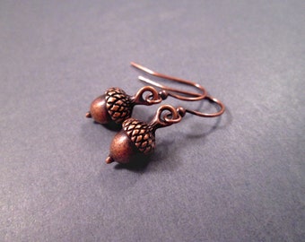 Acorn Earrings, Rustic Woodland Style, Hook Ear Wires, Copper Dangle Earrings, FREE Shipping