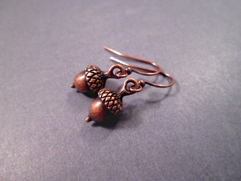 Acorn Earrings, Rustic Woodland Style, Hook Ear Wires, Copper Dangle Earrings, FREE Shipping image 1