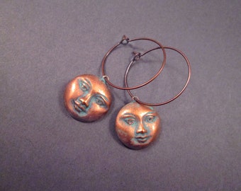 Full Moon Face Earrings, Blue Patina Finish, Copper Dangle Hoop Earrings, FREE Shipping