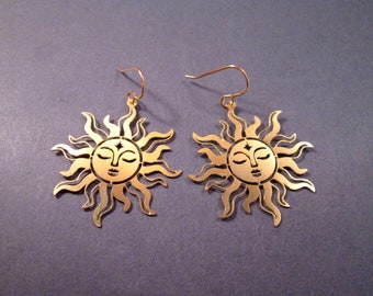 Larger Size Sun Earrings, Die Cut Gold Dangle Earrings, FREE Shipping