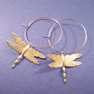 Dragonfly Earrings, Polished Brass Dragonflies, Gold Dangle Hoop Earrings, FREE Shipping