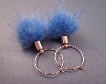 Fur Earrings, Blue Mink, Rose Gold Hoop Earrings, FREE Shipping