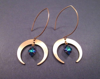 Raw Brass Crescent Earrings, Blue Glass Charms, Gold Dangle Earrings, FREE Shipping