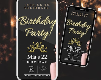Evite jantar de aniversário Black Tie: convite digital glamouroso (modelo Canva)