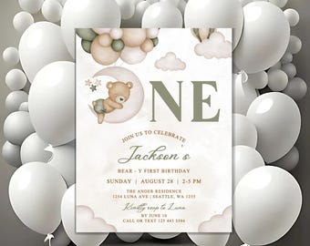 Modelo de convite para o primeiro aniversário do Bear: eCard editável (download digital)