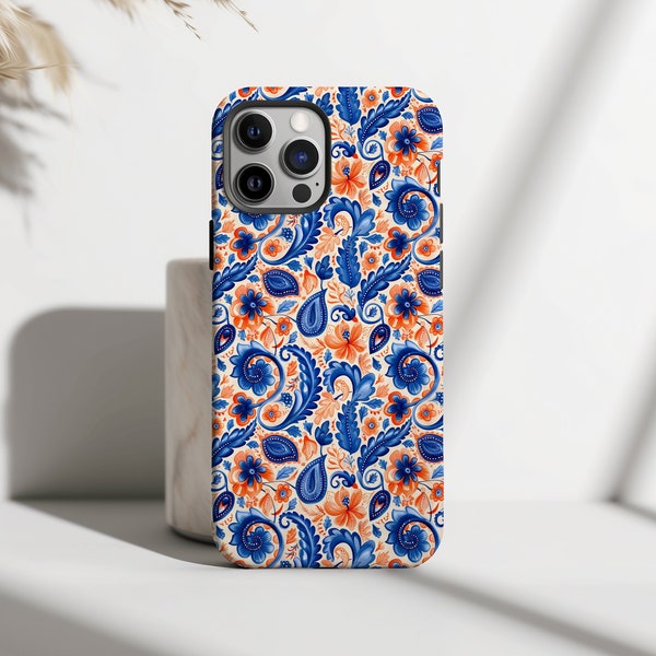 Paisley Design Phone Case, Blue Orange Pattern Cover Gift for iPhone 15 14 13 12 11 Pro Max 8 Plus X Samsung Galaxy S24 S23 S22 S20 Ultra