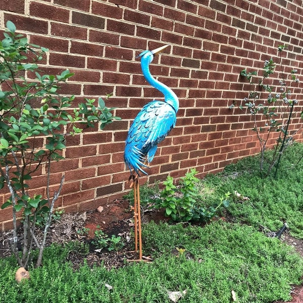 Outdoor Heron Garden Sculpture Large Standing Blue Metal Crane Garden Statue Elegant Bird Art for Patio Backyard Porch Lawn Ornament 36.6"H