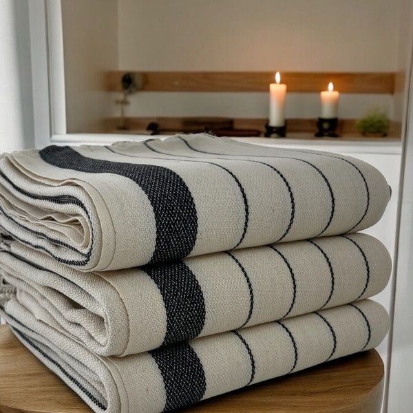 Luxurious 100% Cotton Hand-Woven Tlos Beach and Bath Towel - Black Stripes, Perfect Gift Idea, Pair with Tarsus Towel