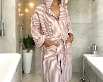Handmade Turkish Cotton Hooded Robe: Stripe Gauze Bathrobe