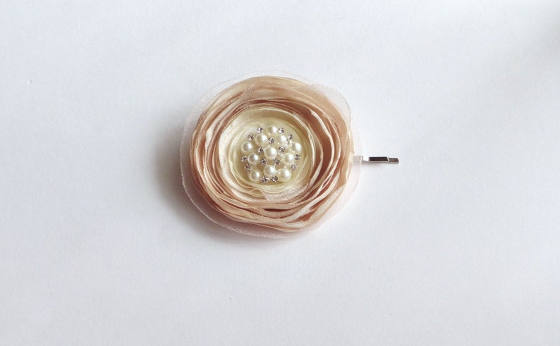 Baby Snap Clip Bridal Champagne and Ivory Silk Flower Hair Pin Brooch Girl Hair Clip