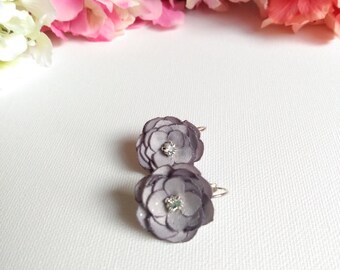 Tiny Gray Flowers Satin Earrings, Tiny Dangle Earrings, Woman Earrings, Girl Earrings