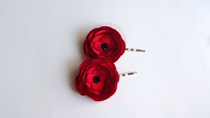 2 Red Rose Satin Handmade Hair Pins, Shoe Clips, Baby Snap Clips image 6