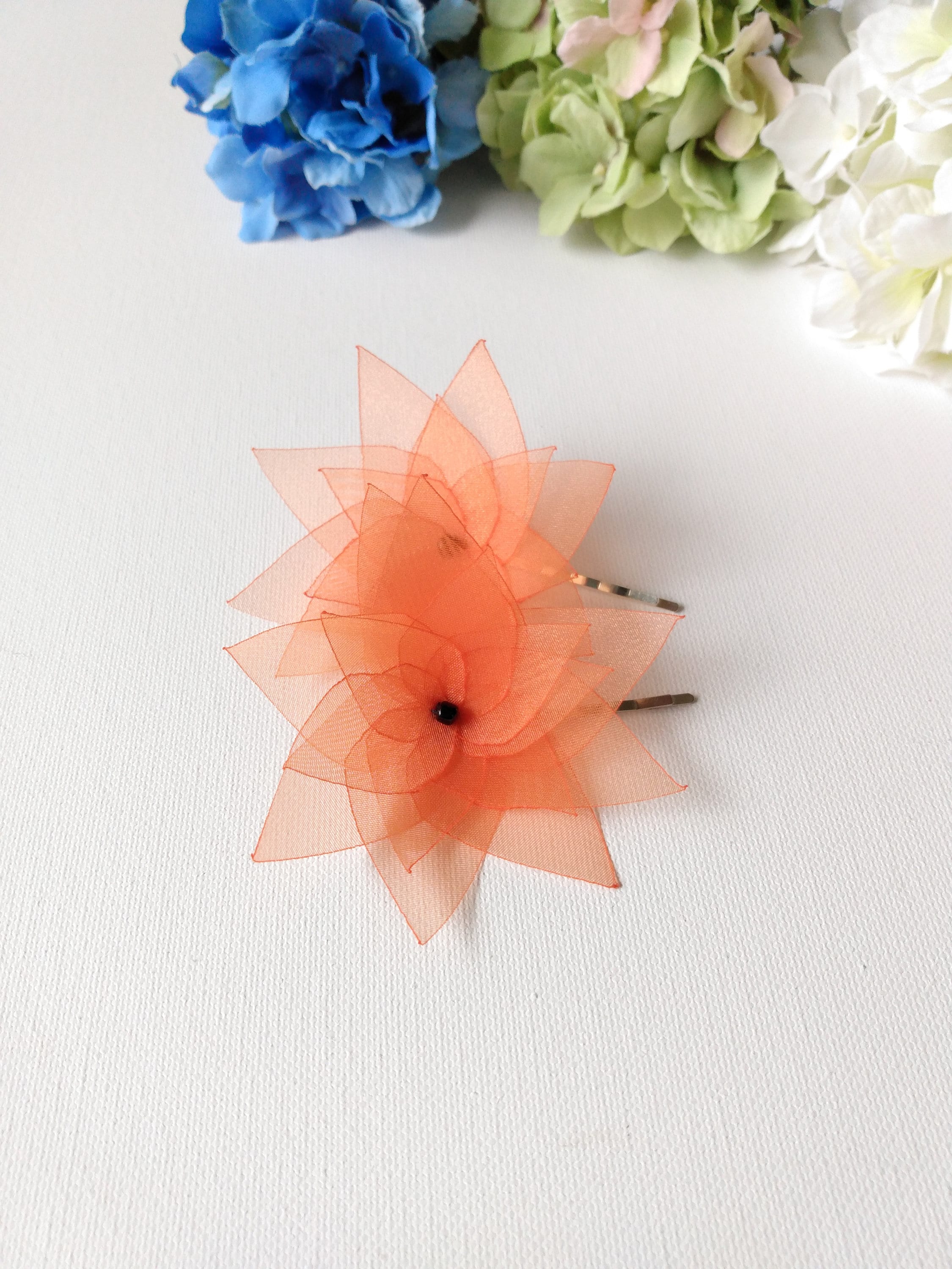 2 Orange Lotus Organza Flowers Hair Pins, Shoe Clips, Baby  display picture 3