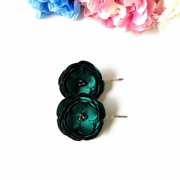 2 Emerald Green Rose Satin Handmade Hair Pins, Shoe Clips, Baby Snap Clips