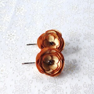 2 Golden Flowers Satin Handmade Hair Pins, Shoe Clips, Baby Snap Clips