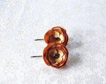 2 Golden Flowers Satin Handmade Hair Pins, Shoe Clips, Baby Snap Clips