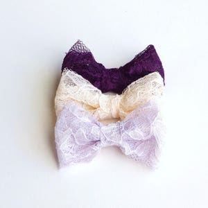 Set of 3 Lavender, Plum Purple and Cream Lace Bow Baby Snap Hair Clips/ Hair Clips / Hair Pins image 2