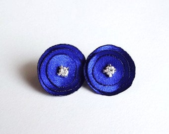 Royal Blue Satin Stud Earrings, Tiny Cobalt Blue Fabric Earrings,