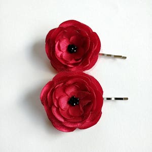 2 Red Rose Satin Handmade Hair Pins, Shoe Clips, Baby Snap Clips image 4