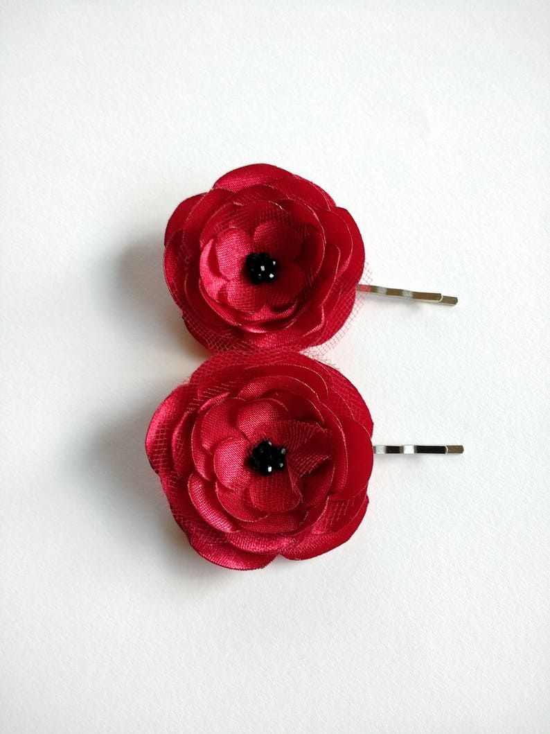 2 Red Rose Satin Handmade Hair Pins, Shoe Clips, Baby Snap Clips image 4