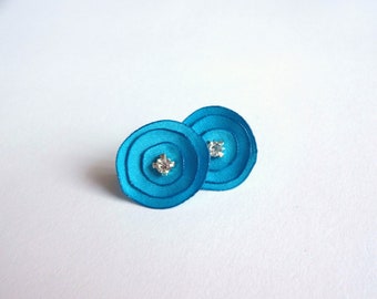 Aqua  Blue Satin Stud Earrings, Tiny Blue Fabric Earrings,