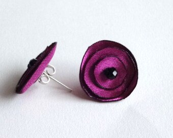 Plum Purple Satin Stud Earrings, Tiny Purple Fabric Earrings,