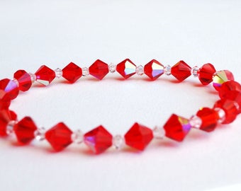 Swarovski Crystal Handmade Cherry Red Stretch Bracelet, Woman Bracelet, Girl Bracelet, Flower Girl Gift