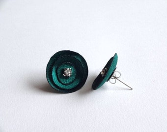 Emerald Green Satin Stud Earrings, Tiny Green Fabric Earrings,