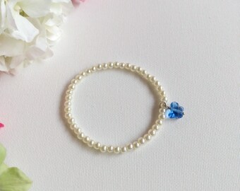 SALE Handmade Ivory Pearl Stretch Bracelet with Blue Butterfly, Woman Bracelet, Girl Bracelet