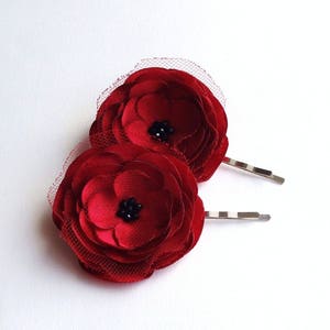 2 Red Rose Satin Handmade Hair Pins, Shoe Clips, Baby Snap Clips image 2